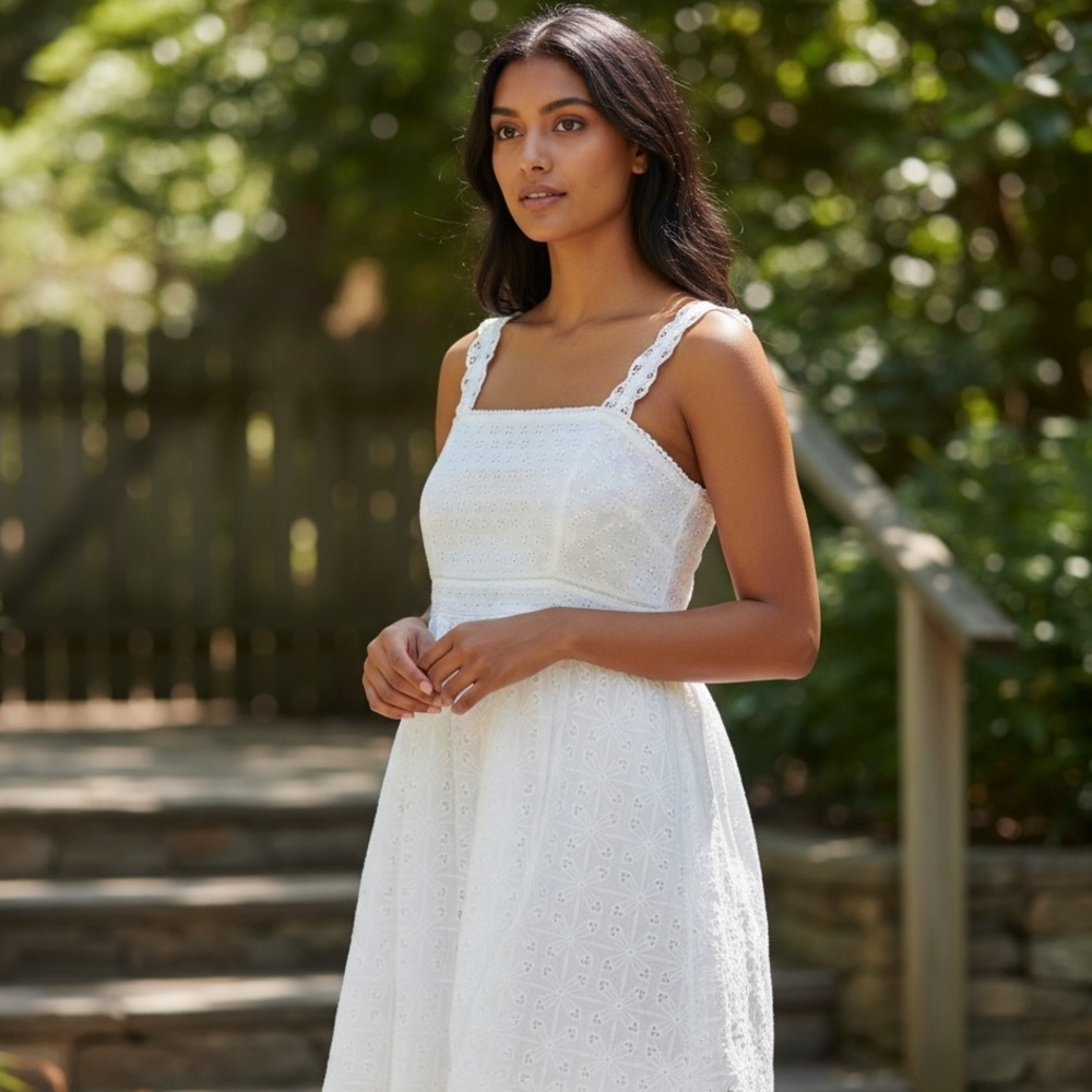 Ann Taylor Lace Strap Eyelet Flare Dress 100% Cotton White Cottagecore Sz 12 NWT
